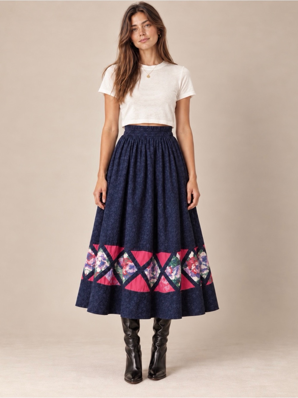Vintage Vicki Lynn Bardon Suttles & Seawinds Navy Floral Patchwork Midi Skirt M